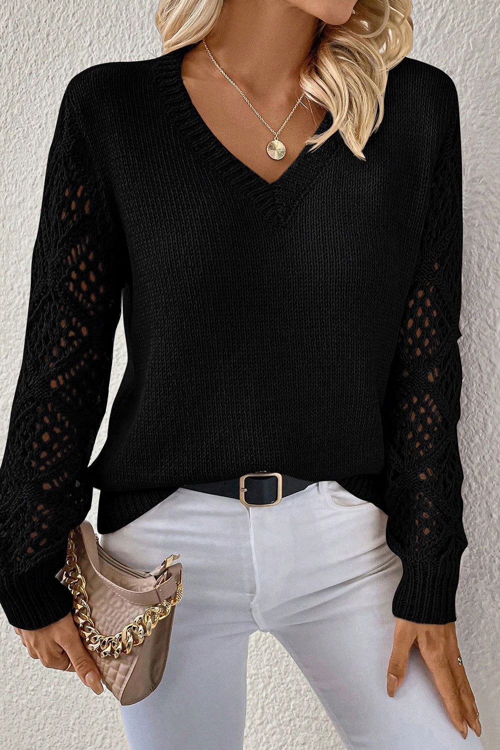 Black Solid V Neck Pointelle Knit Sleeve Patchwork Sweater