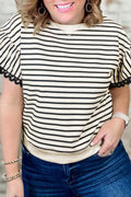 Black Stripe Eyelet Trimmed Ruffled Short Sleeve Plus Size Top