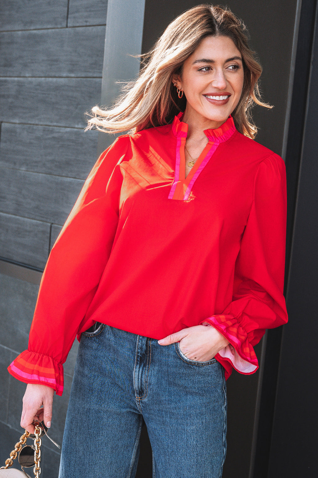 Fiery Red Striped Trim Ruffle Split Neck Long Sleeve Blouse