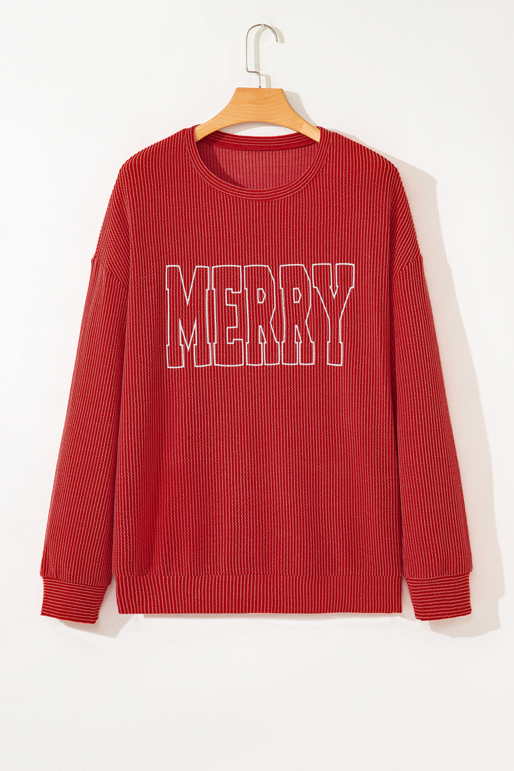 Fiery Red Twist Ribbed MERRY Letter Graphic Plus Size Pullover