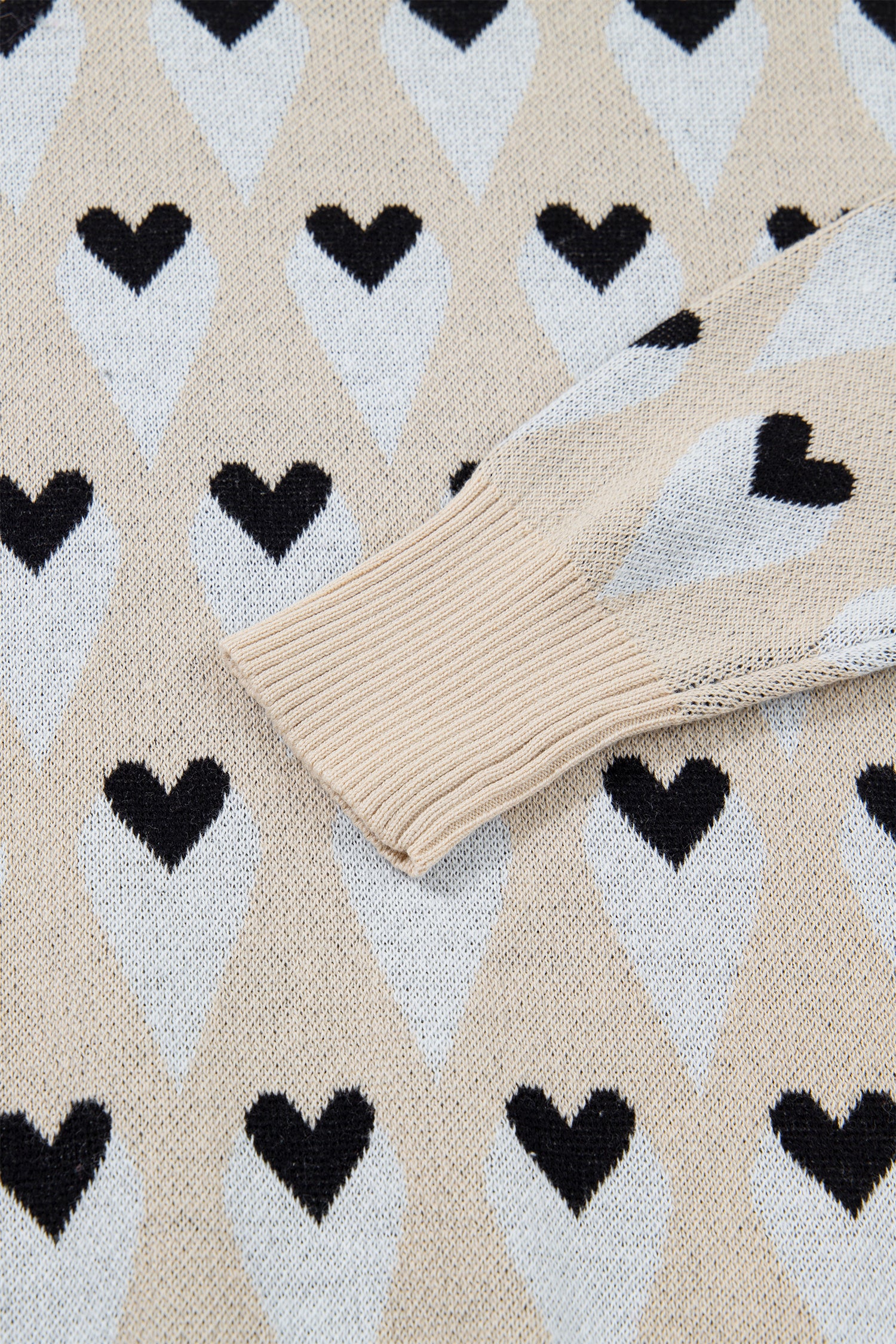 Parchment Geometric Heart Print Ribbed Trim Loose Sweater