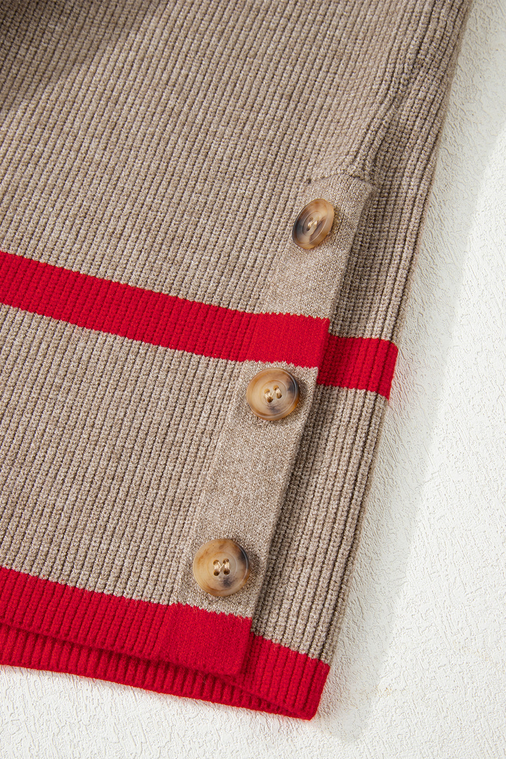 Simply Taupe Ribbed Knit Contrasted Stripe Detail Button Side Loose Sweater