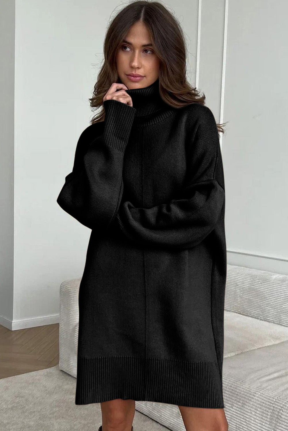 Black Solid Color Turtleneck Drop Shoulder Loose Sweater Dress