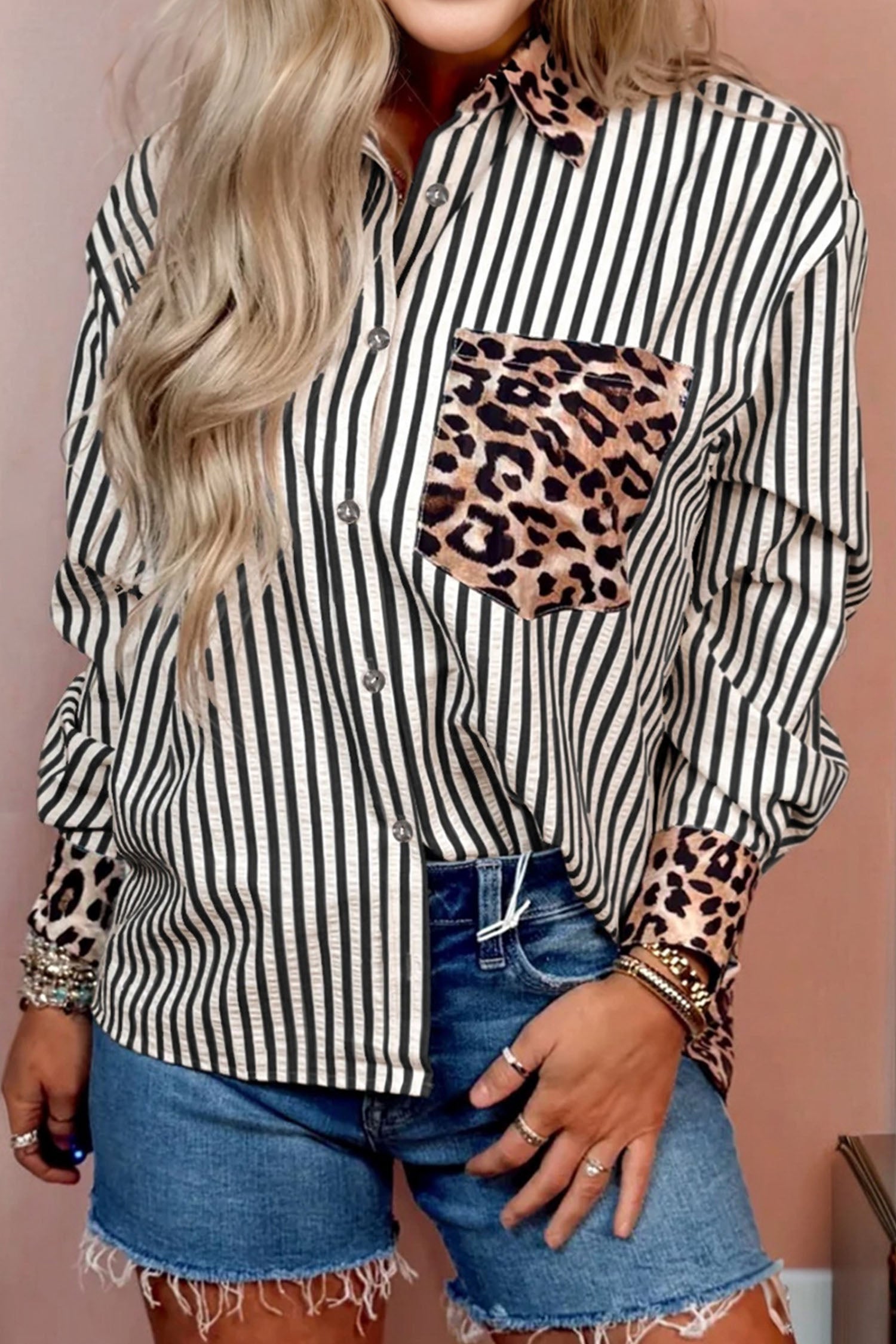 Black Striped Leopard Print Patchwork Button Up Womens Shirt