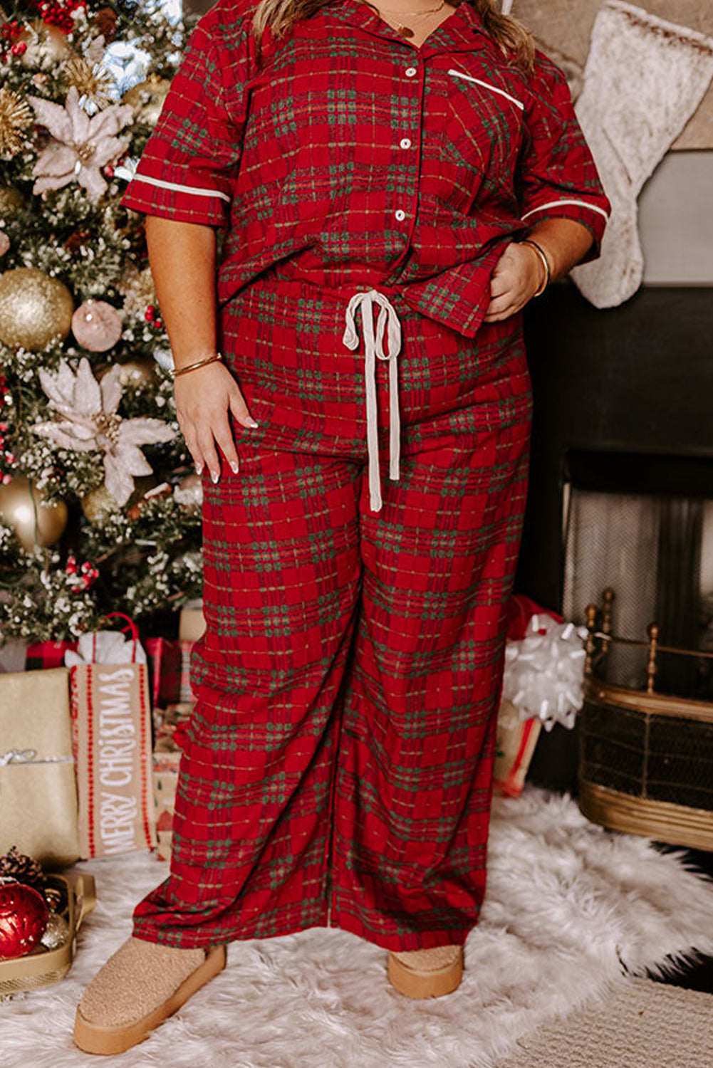 Red Plus Size Plaid Short Sleeve Shirt Loose Pants 2pcs Pajama Set