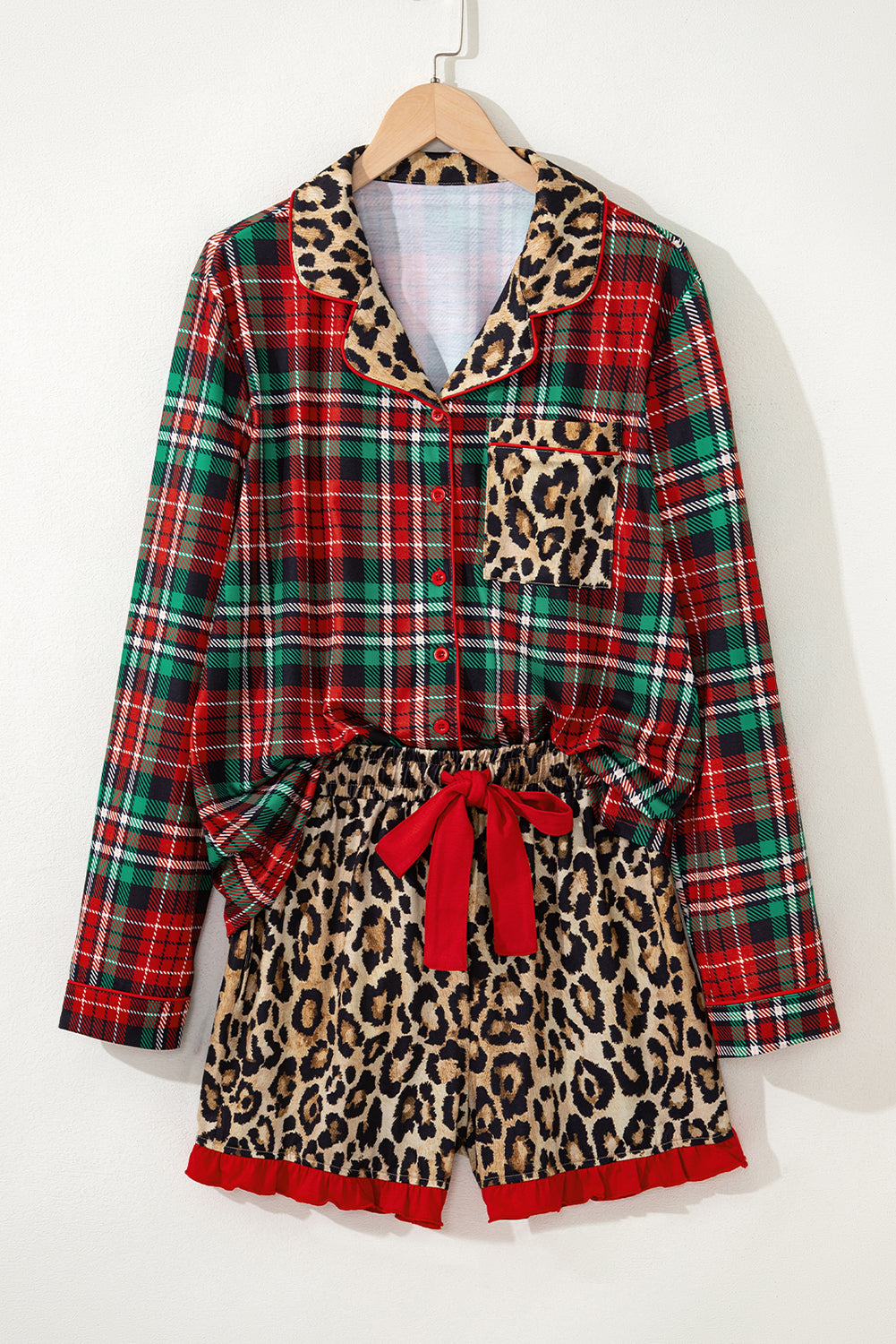 Racing Red Retro Plaid Leopard Print Patchwork Long Sleeve Shorts Pajama Set
