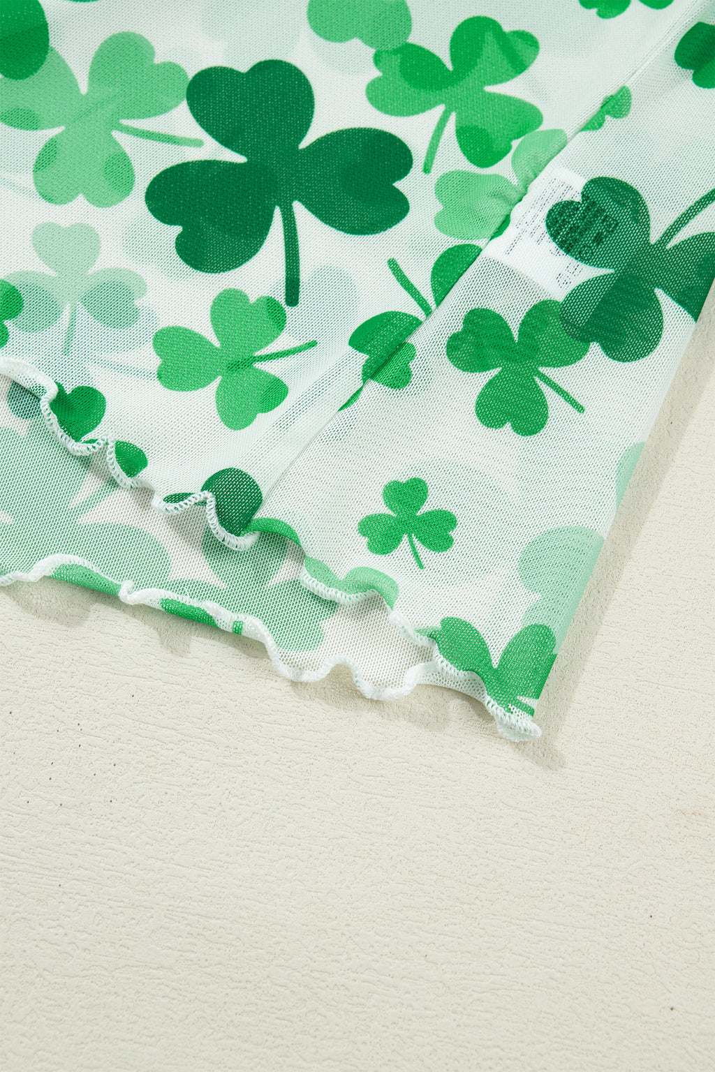 Green Lucky Shamrock Lettuce Trim High Neck Mesh Long Sleeve Top