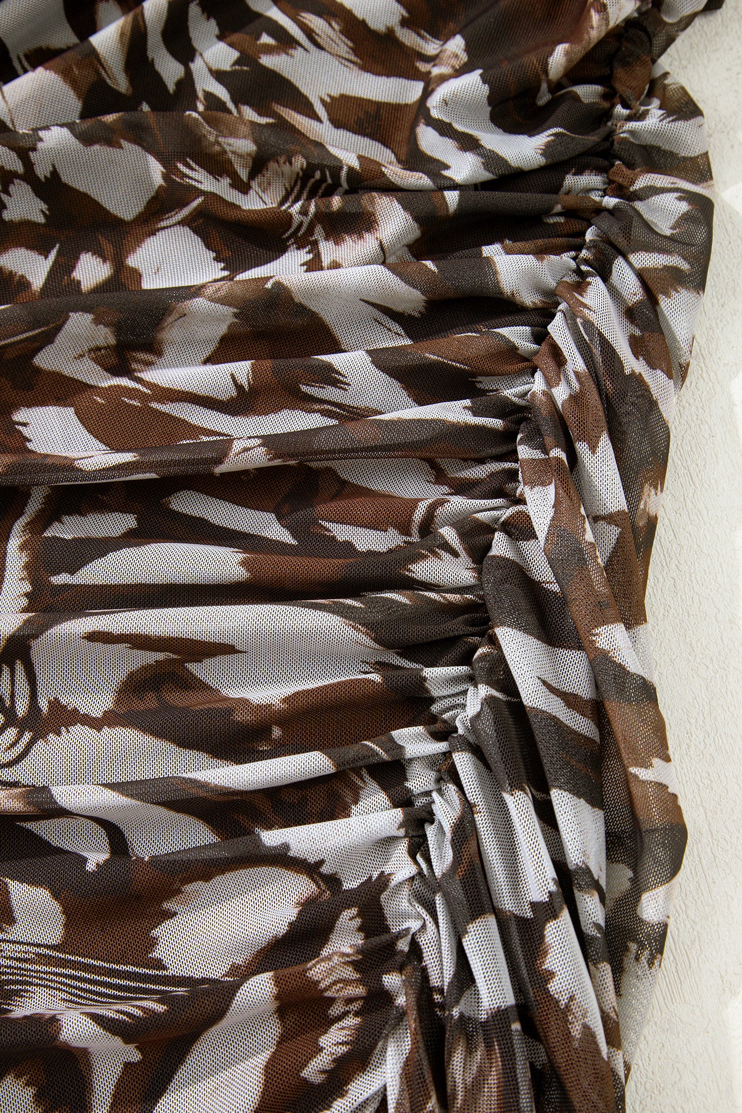 Brown Abstract Print Mesh Cowl Neck Cap Sleeve Ruched Midi Dress with Slit