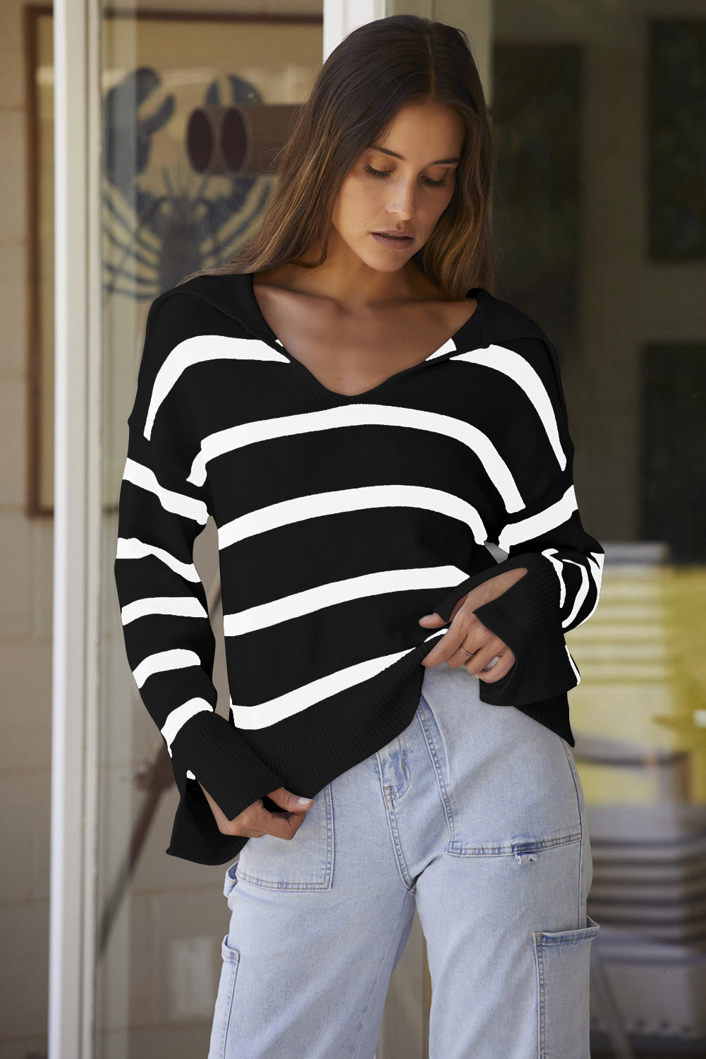 Black Caped V Neck Slit Sleeve Striped Sweater