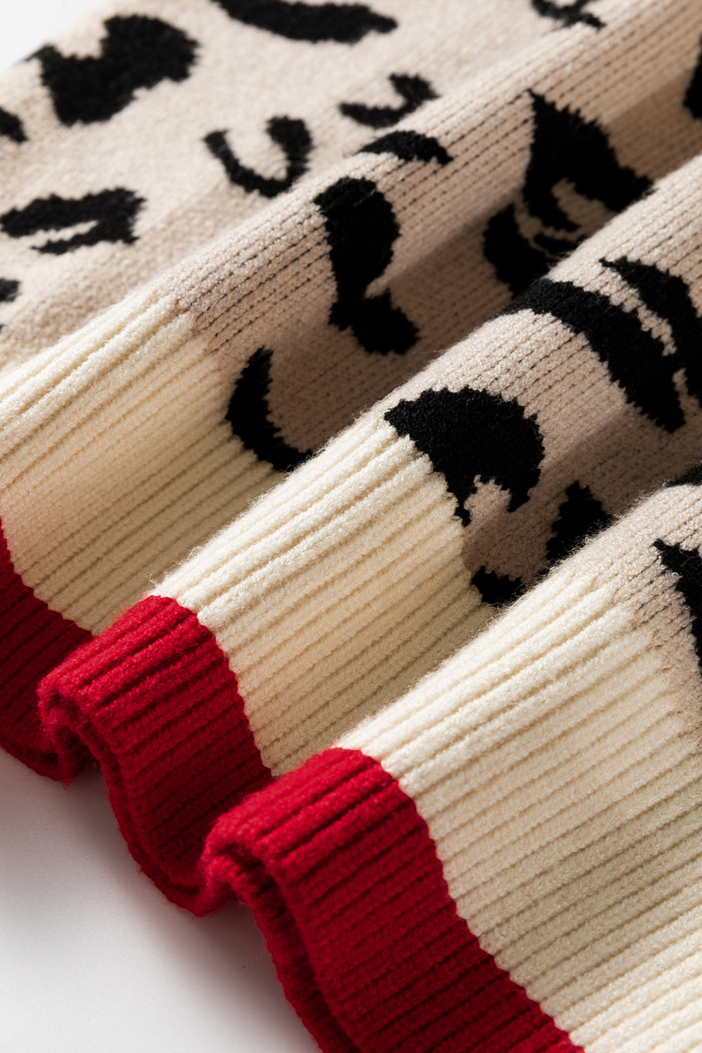 Khaki Leopard Pattern V-Neck Contrast Rib Knitted Sweater