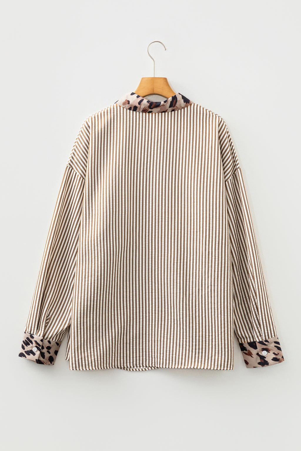 Brown Stripe Leopard Patched Collared Chest Pocket Cuffed Long Sleeve Plus Size Shirt