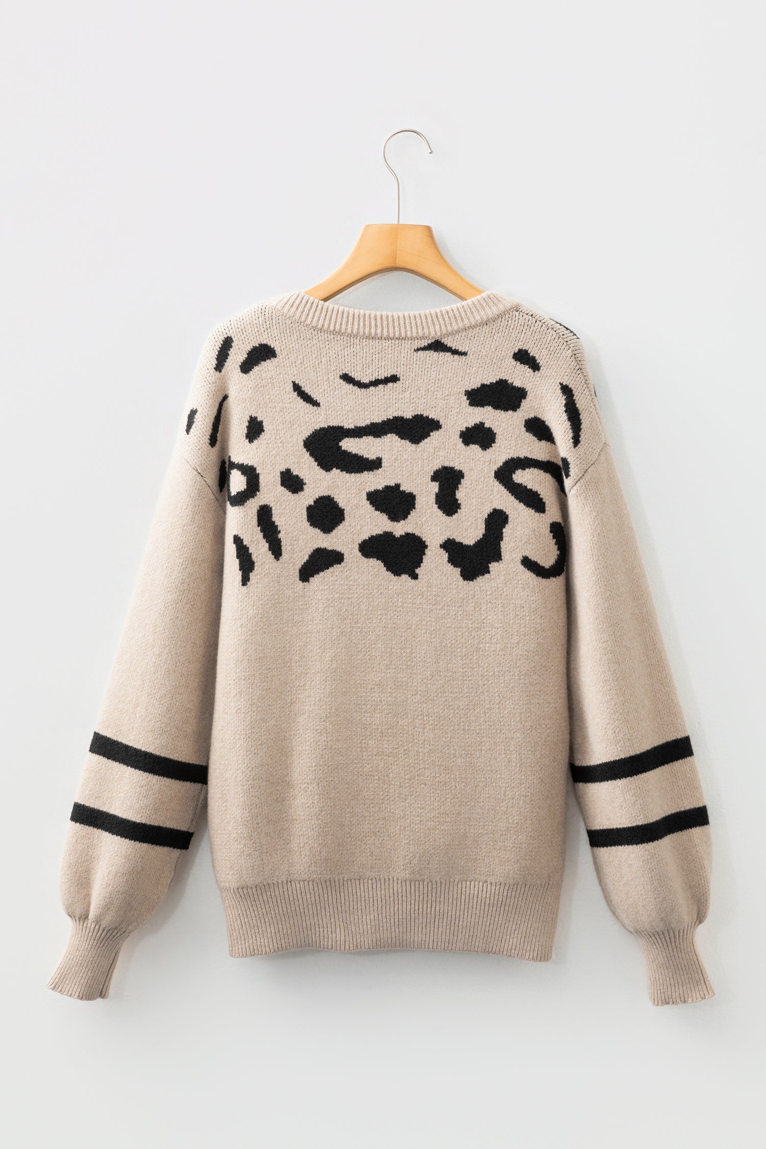 Khaki Leopard Striped Detail Drop Shoulder Sweater