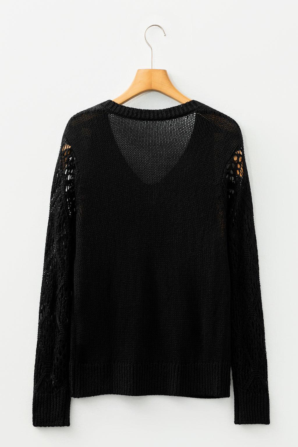 Black Solid V Neck Pointelle Knit Sleeve Patchwork Sweater