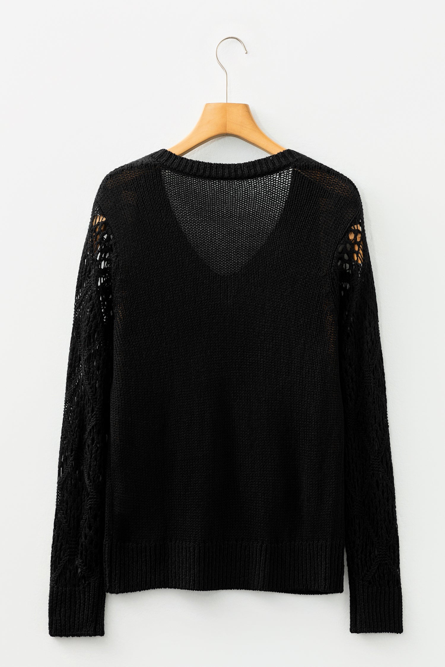Black Solid V Neck Pointelle Knit Sleeve Patchwork Sweater
