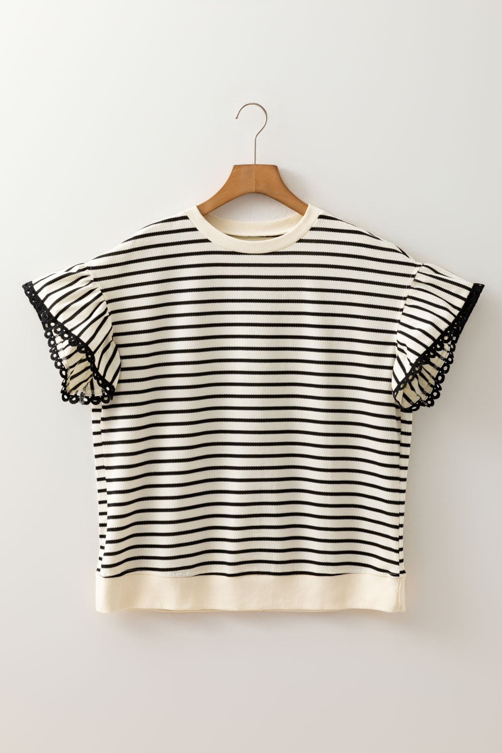 Black Stripe Eyelet Trimmed Ruffled Short Sleeve Plus Size Top