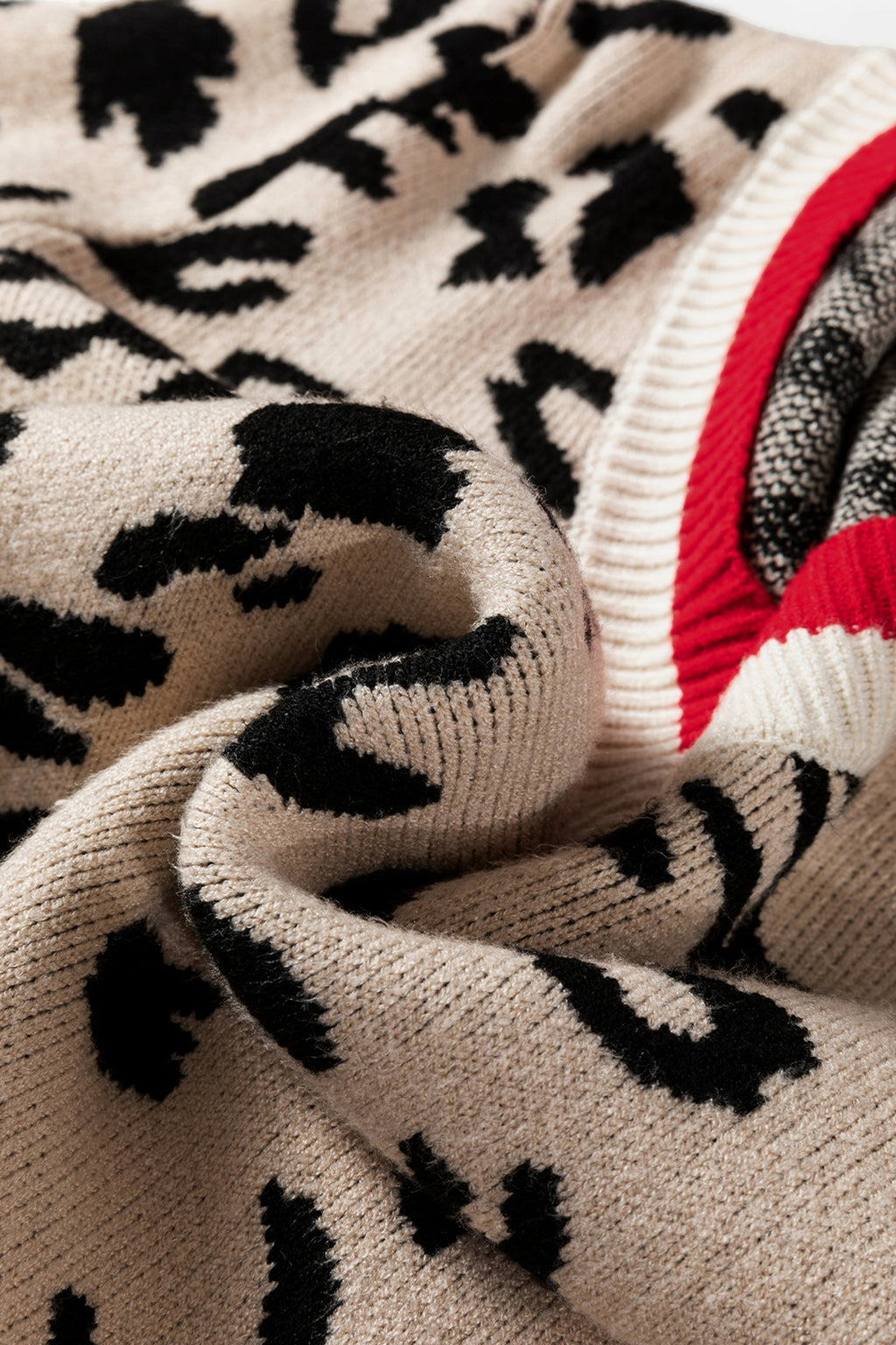 Khaki Leopard Pattern V-Neck Contrast Rib Knitted Sweater