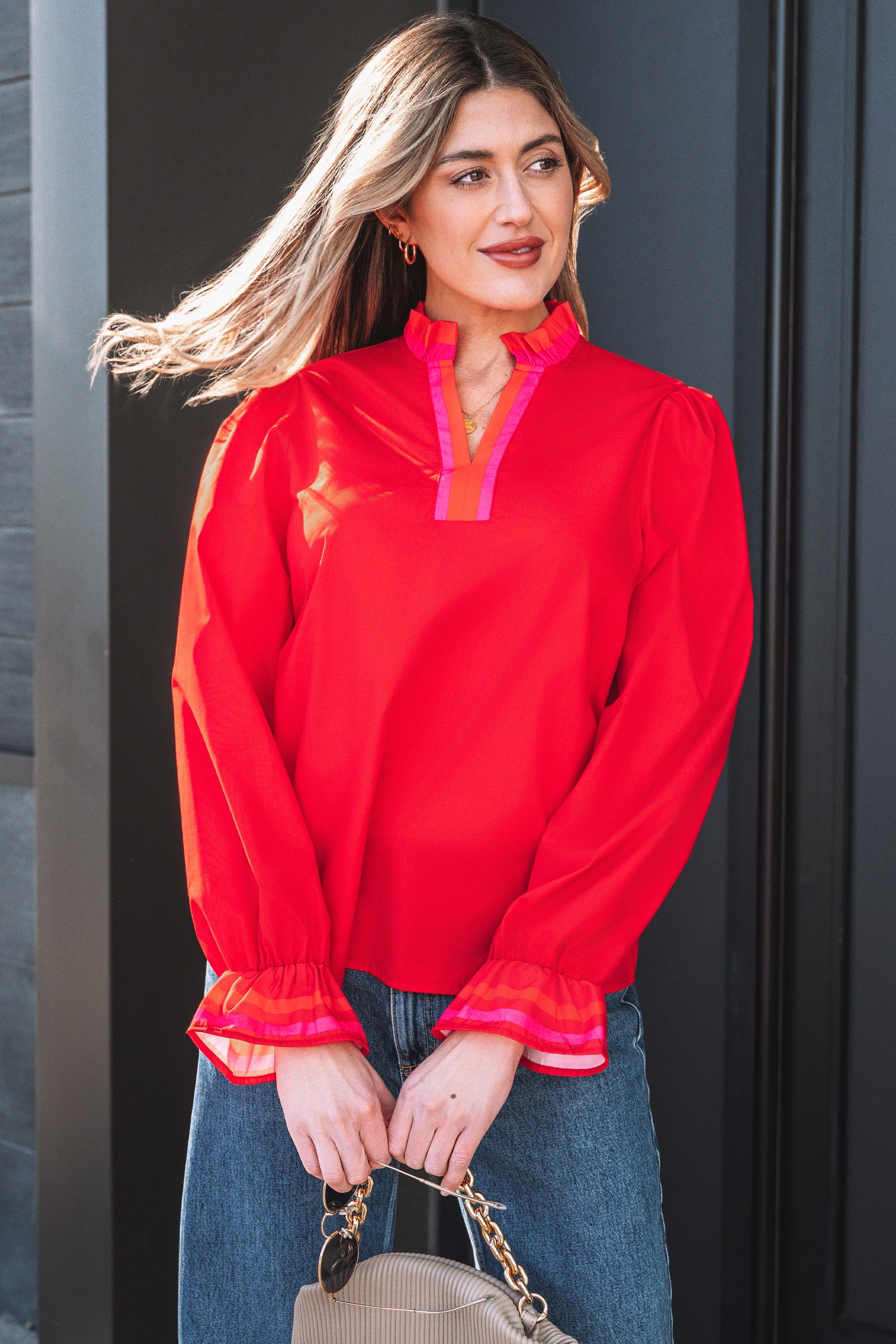 Fiery Red Striped Trim Ruffle Split Neck Long Sleeve Blouse
