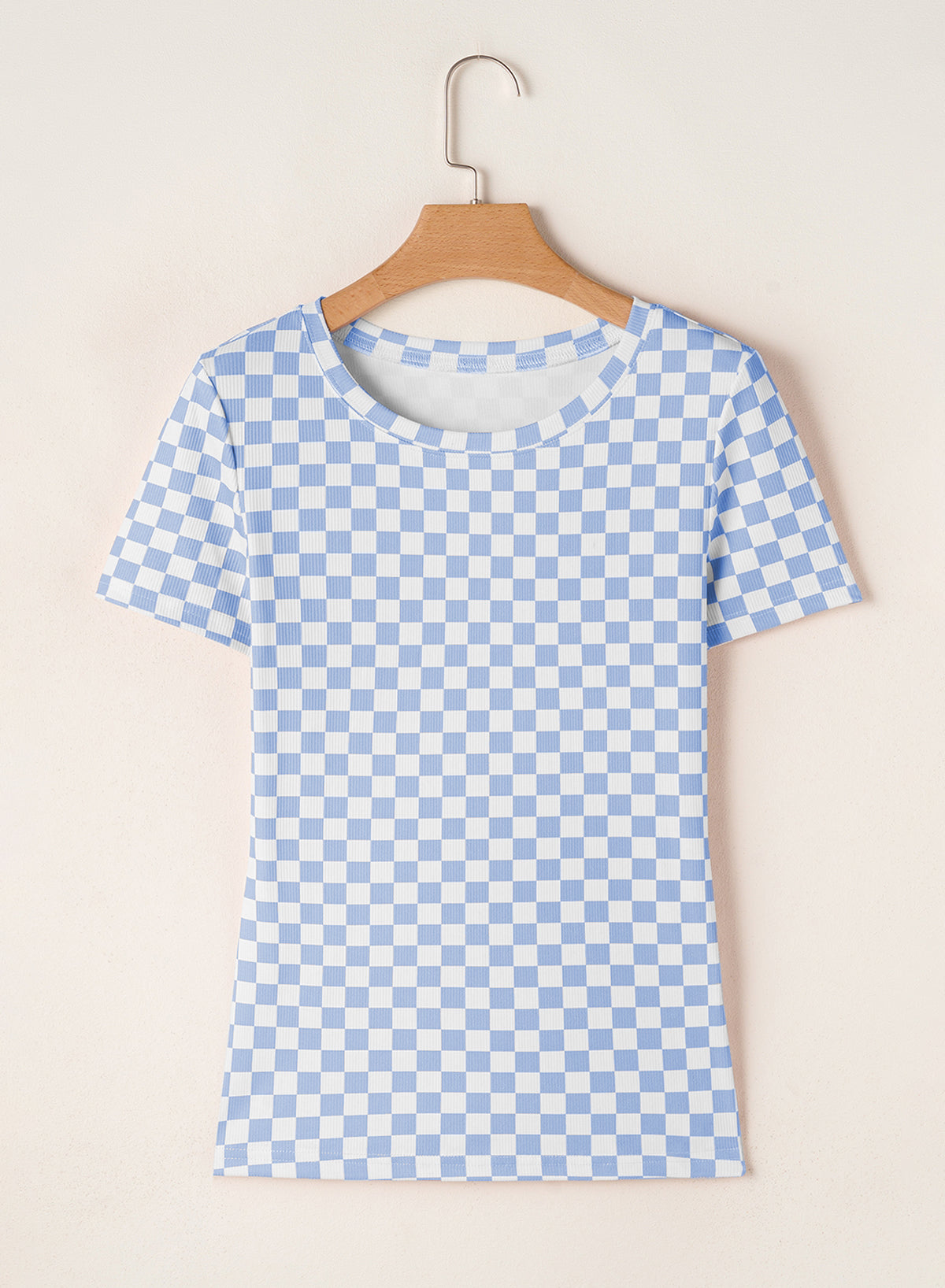Sky Blue Checkered Ribbed Slim Fit Crew Neck T Shirt