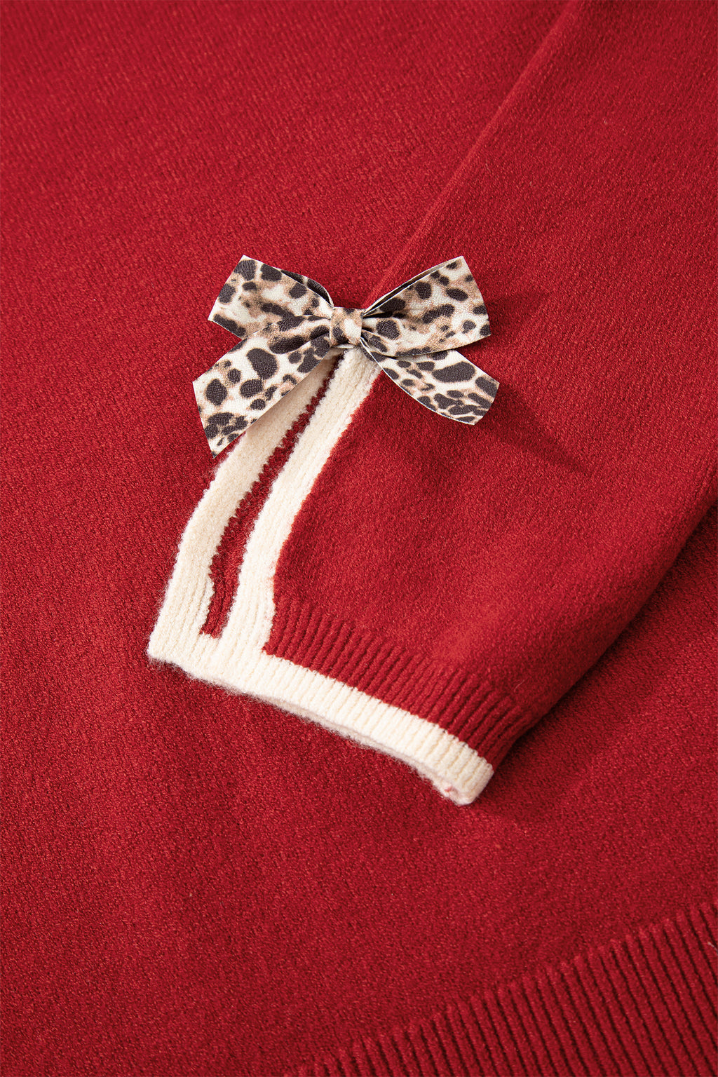Racing Red Leopard Bow Decor Split Cuff Contrast Trim Sweater