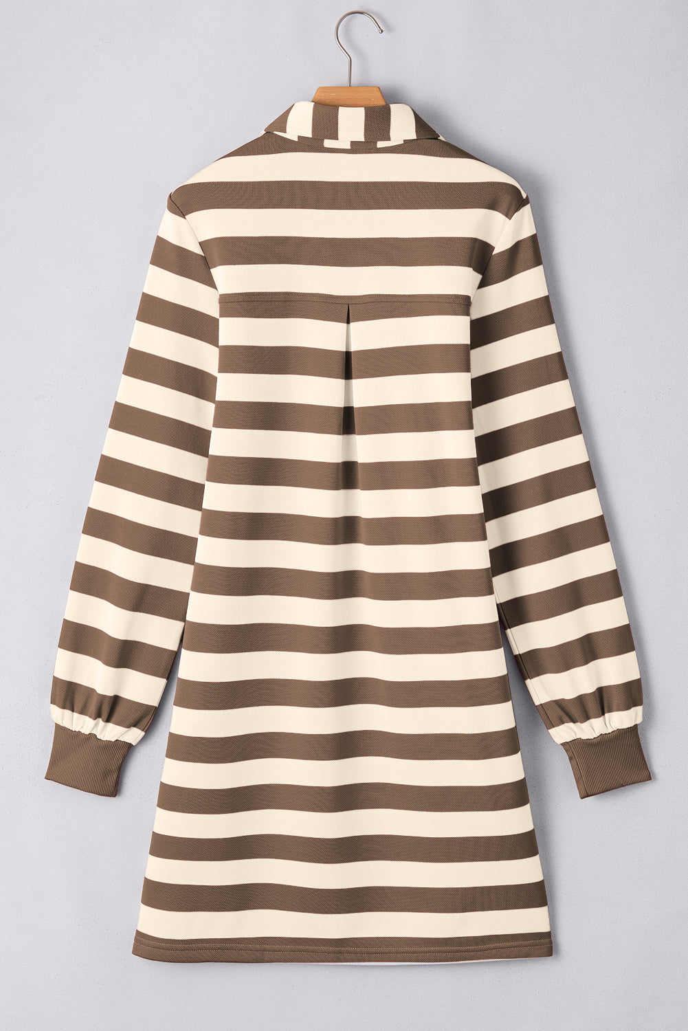 Khaki Stripe Collared V Neck Long Sleeve Loose Casual Dress