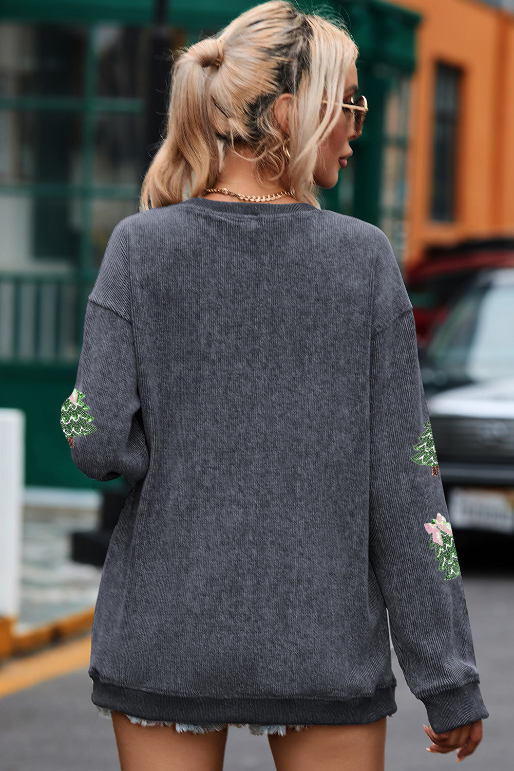Gray Ribbed Round Neck Sequin Christmas Tree Patched Baggy Sweatshirt