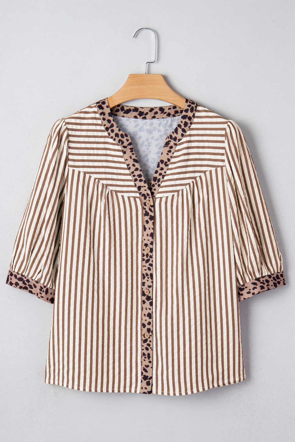 Brown Stripe Leopard Trim V Neck Button Down Half Sleeve Shirt