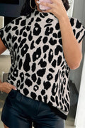 Black Leopard Print High Neck Short Sleeve Sweater