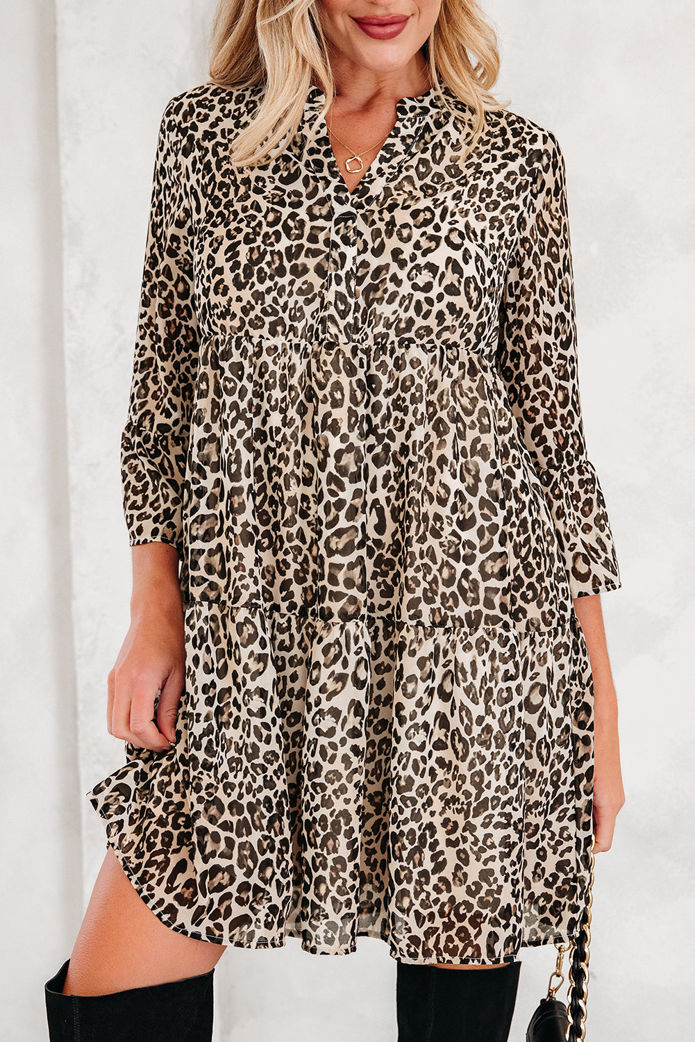 Khaki Leopard 3/4 Sleeve V Neck Swing Dress