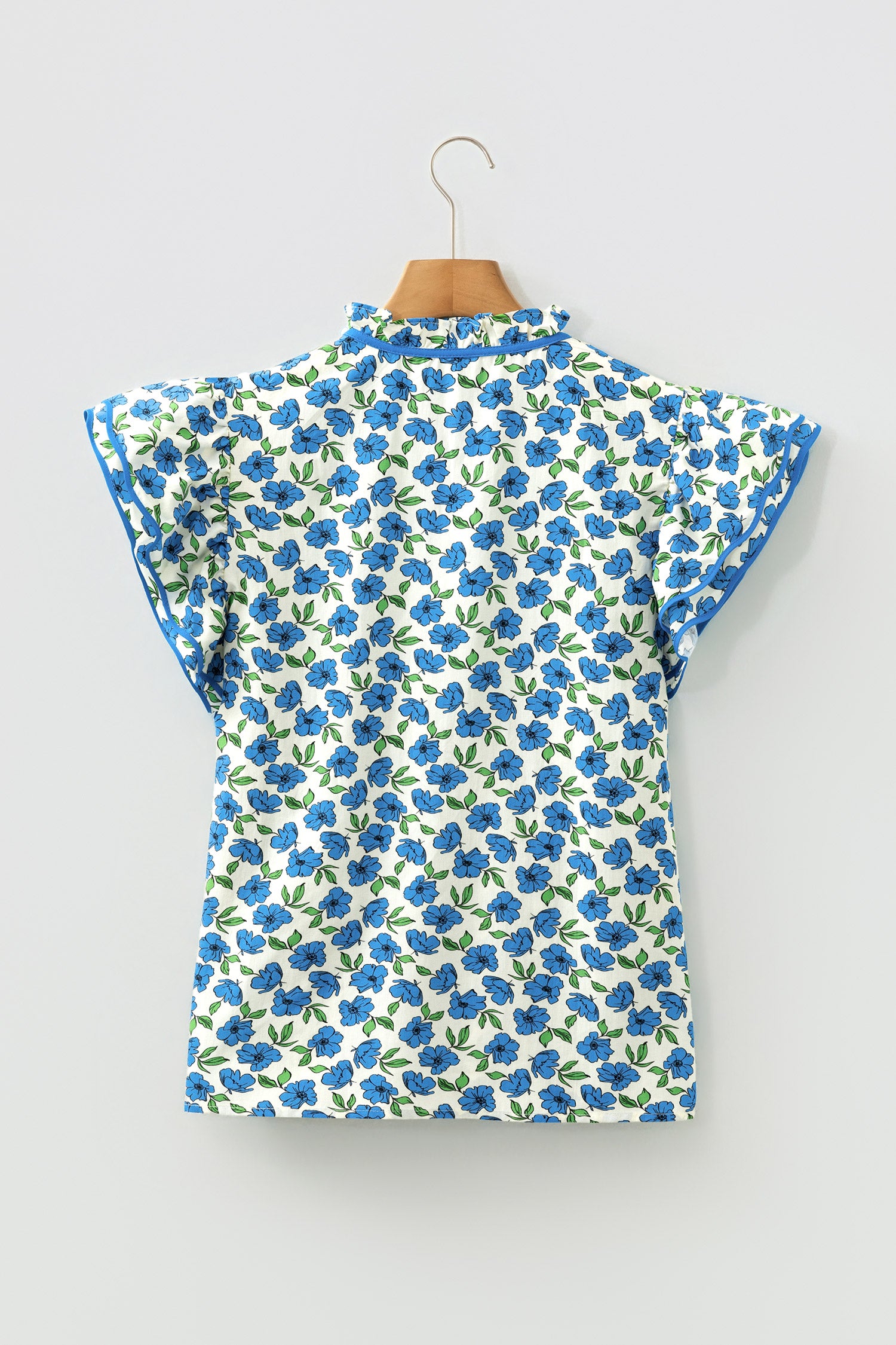 Sky Blue Tiered Flutter Sleeve Pleated Flower Blouse