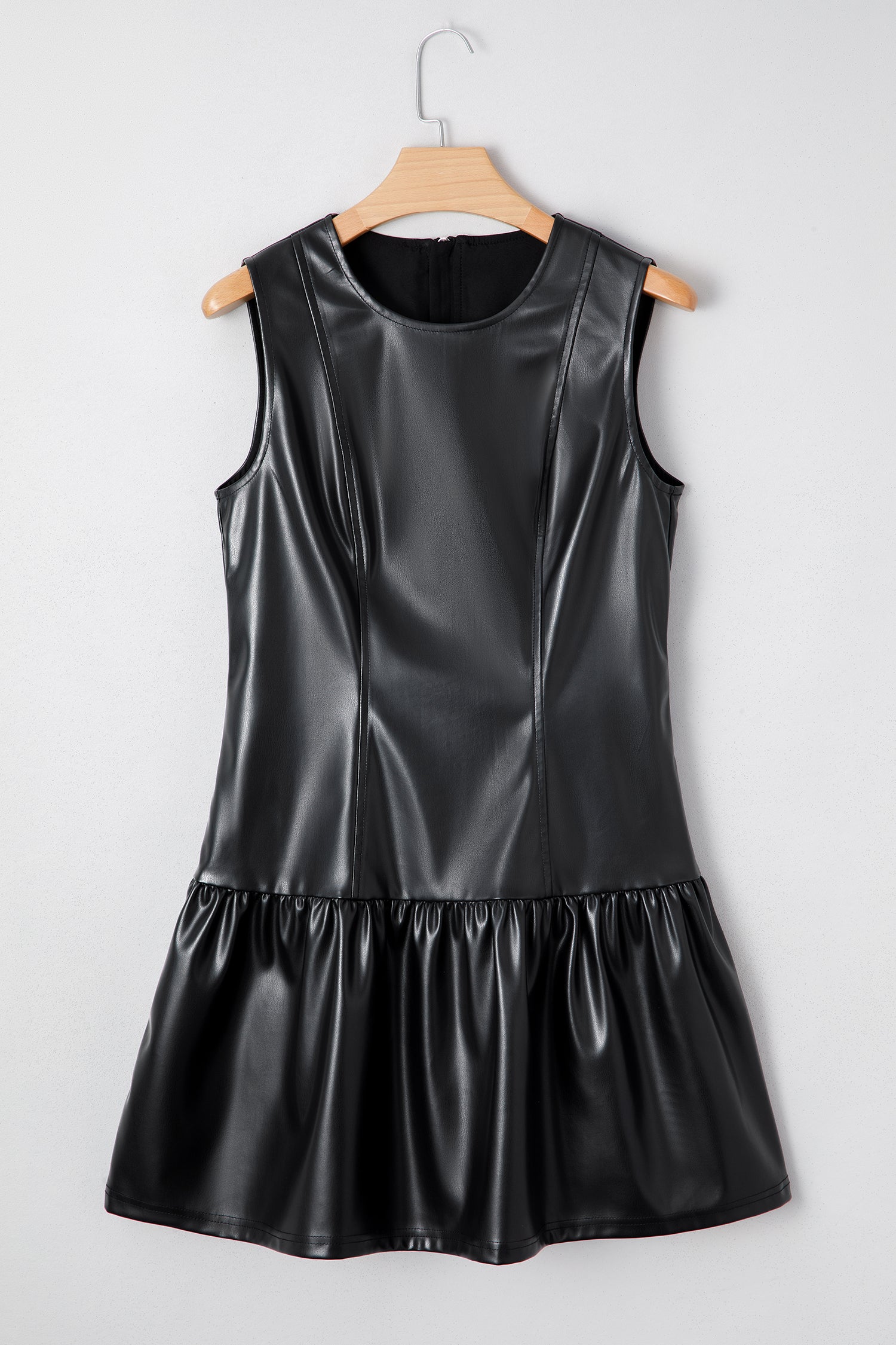 Black Faux Leather Ruffle Hem Sleeveless Mini Dress