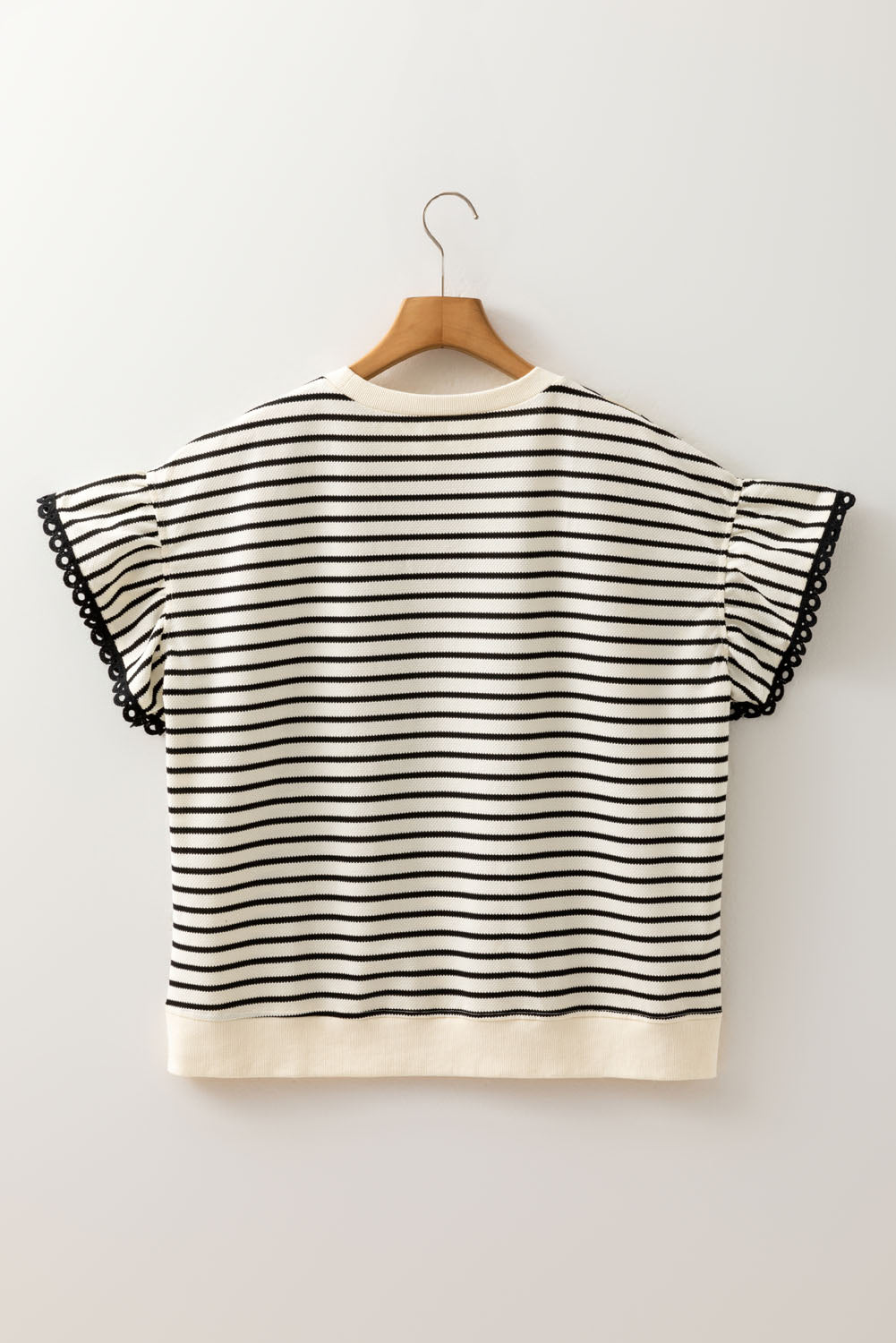 Black Stripe Eyelet Trimmed Ruffled Short Sleeve Plus Size Top