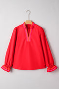 Fiery Red Striped Trim Ruffle Split Neck Long Sleeve Blouse