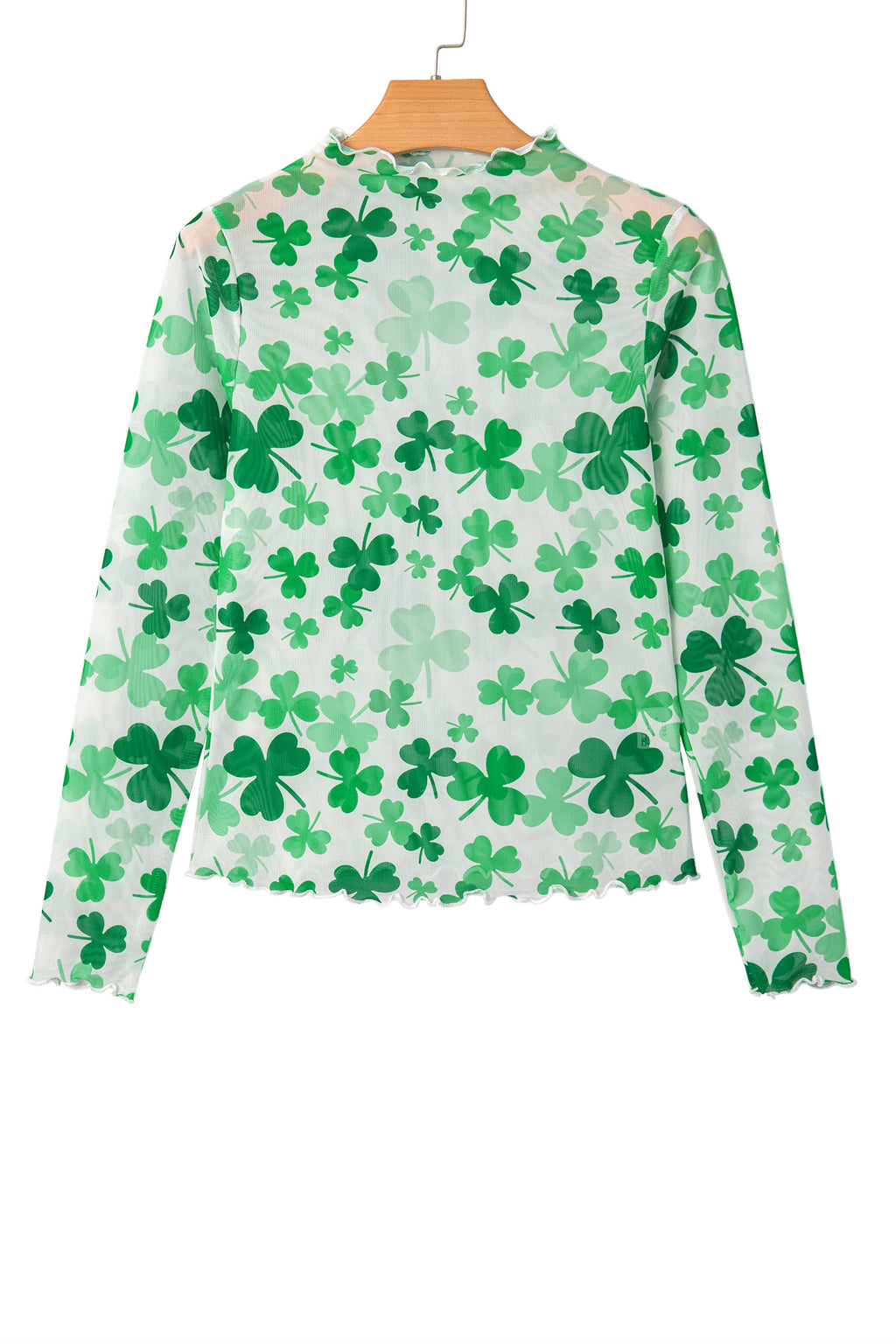 Green Lucky Shamrock Lettuce Trim High Neck Mesh Long Sleeve Top