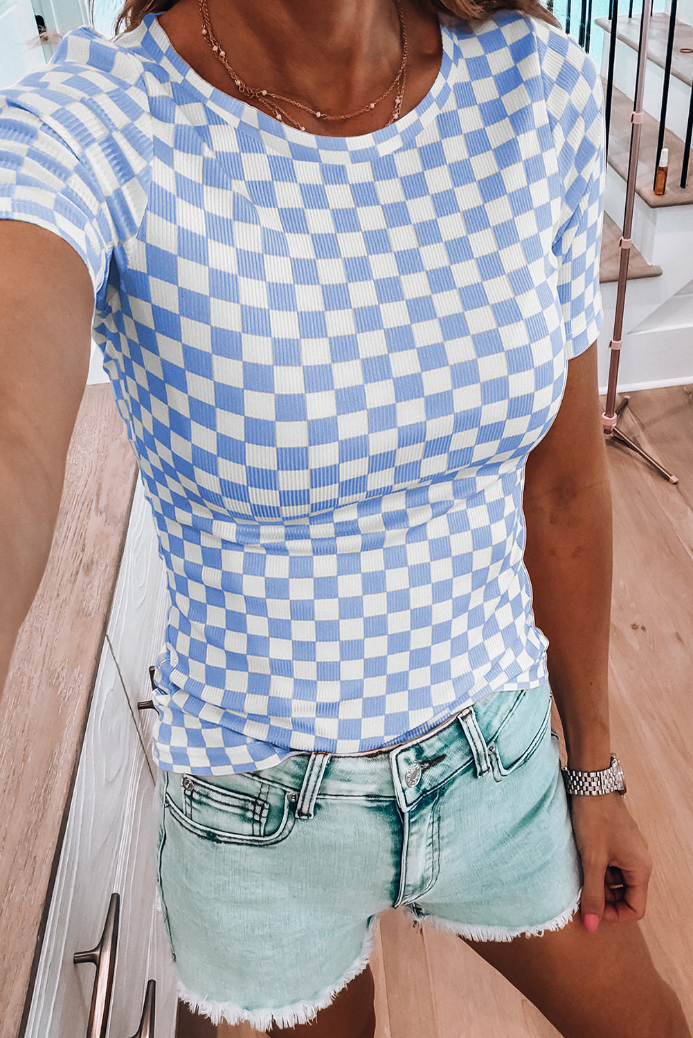Sky Blue Checkered Ribbed Slim Fit Crew Neck T Shirt