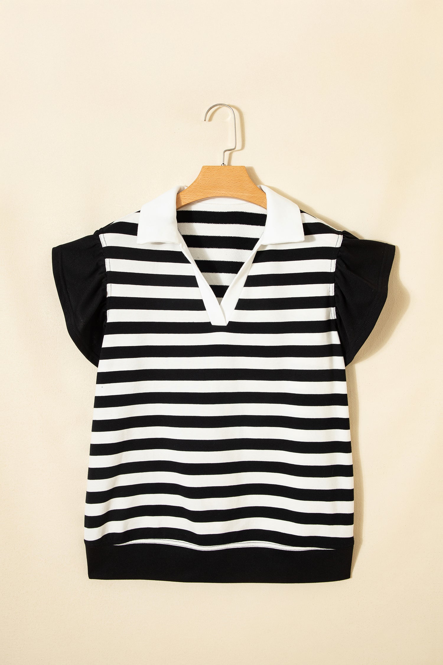 Black Stripe Collar V Neck Ruffled Short Sleeve Blouse