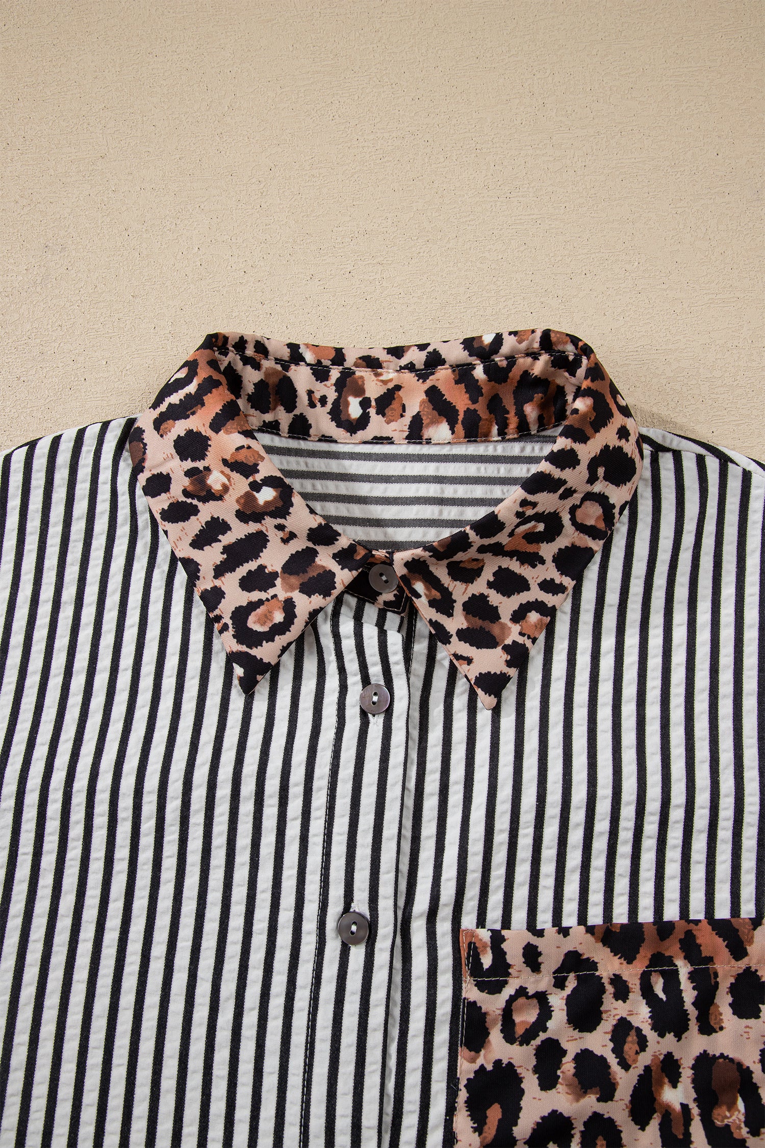 Black Striped Leopard Print Patchwork Button Up Womens Shirt