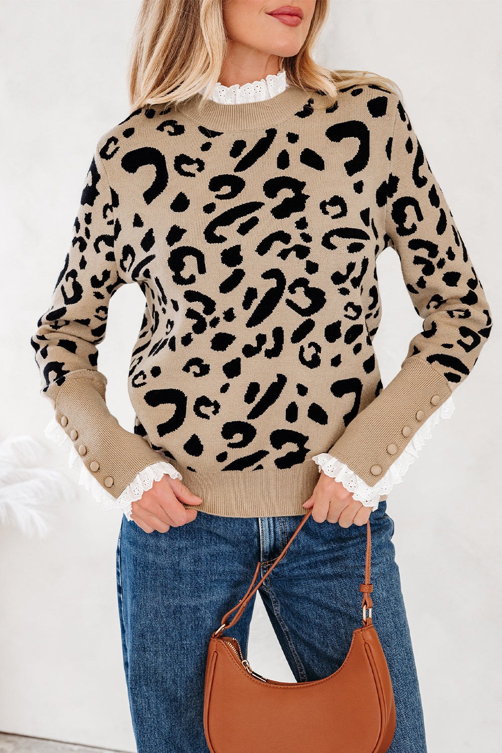 Dearlovers Brown Leopard Pattern Lace Ribbed Detail Button Cuffed Sweater
