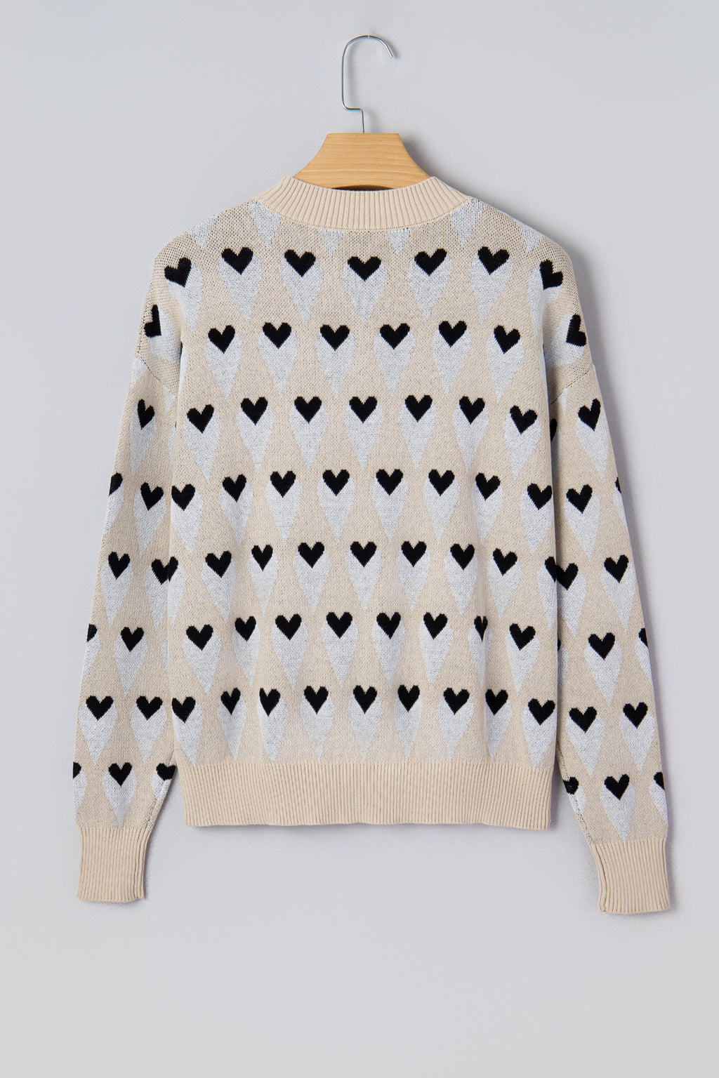 Parchment Geometric Heart Print Ribbed Trim Loose Sweater