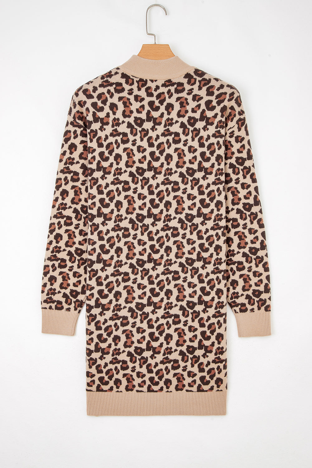 Khaki Leopard Print High Neck Shift Mini Sweater Dress