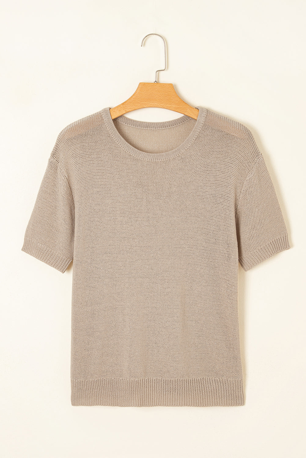 Beige Shiny Knitted Short Sleeve Drop Shoulder Sweater