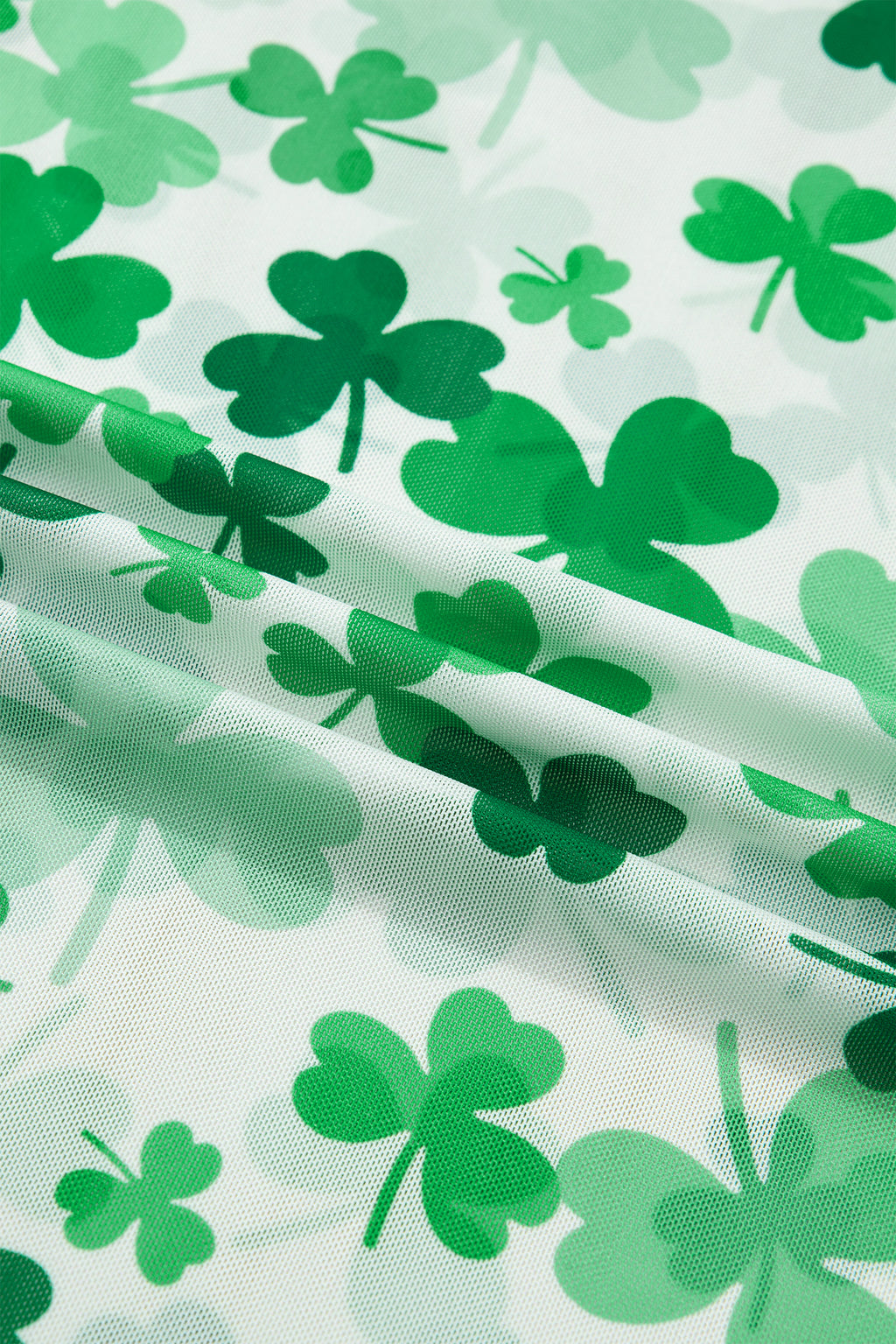 Green Lucky Shamrock Lettuce Trim High Neck Mesh Long Sleeve Top