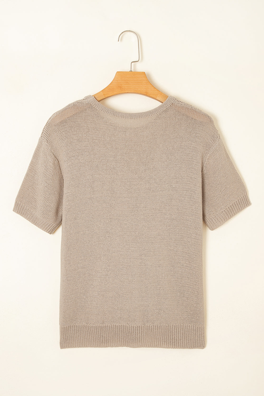 Beige Shiny Knitted Short Sleeve Drop Shoulder Sweater