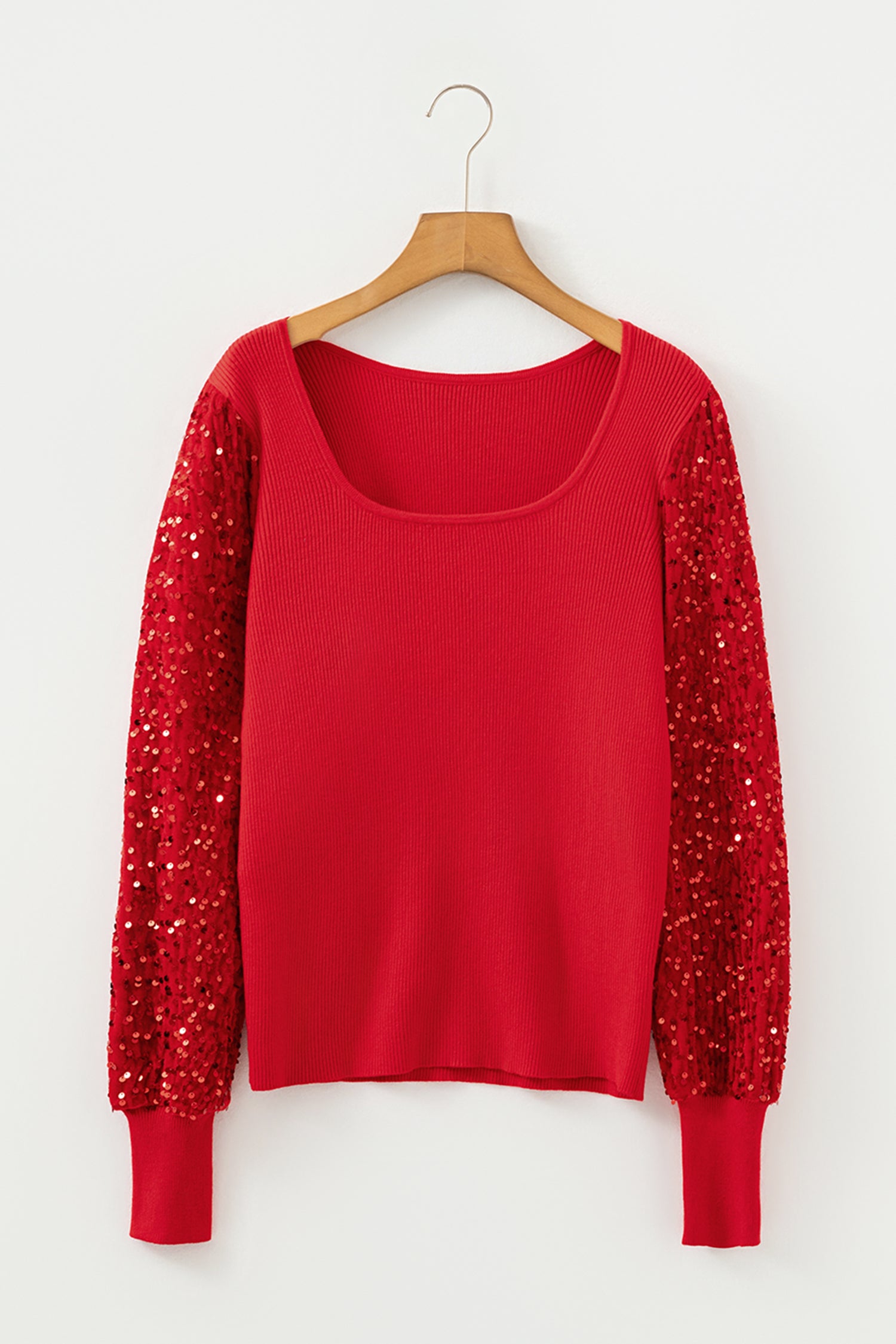 Fiery Red Sequin Sleeve Patchwork Ribbing Knit Square Neck Holiday Sweater
