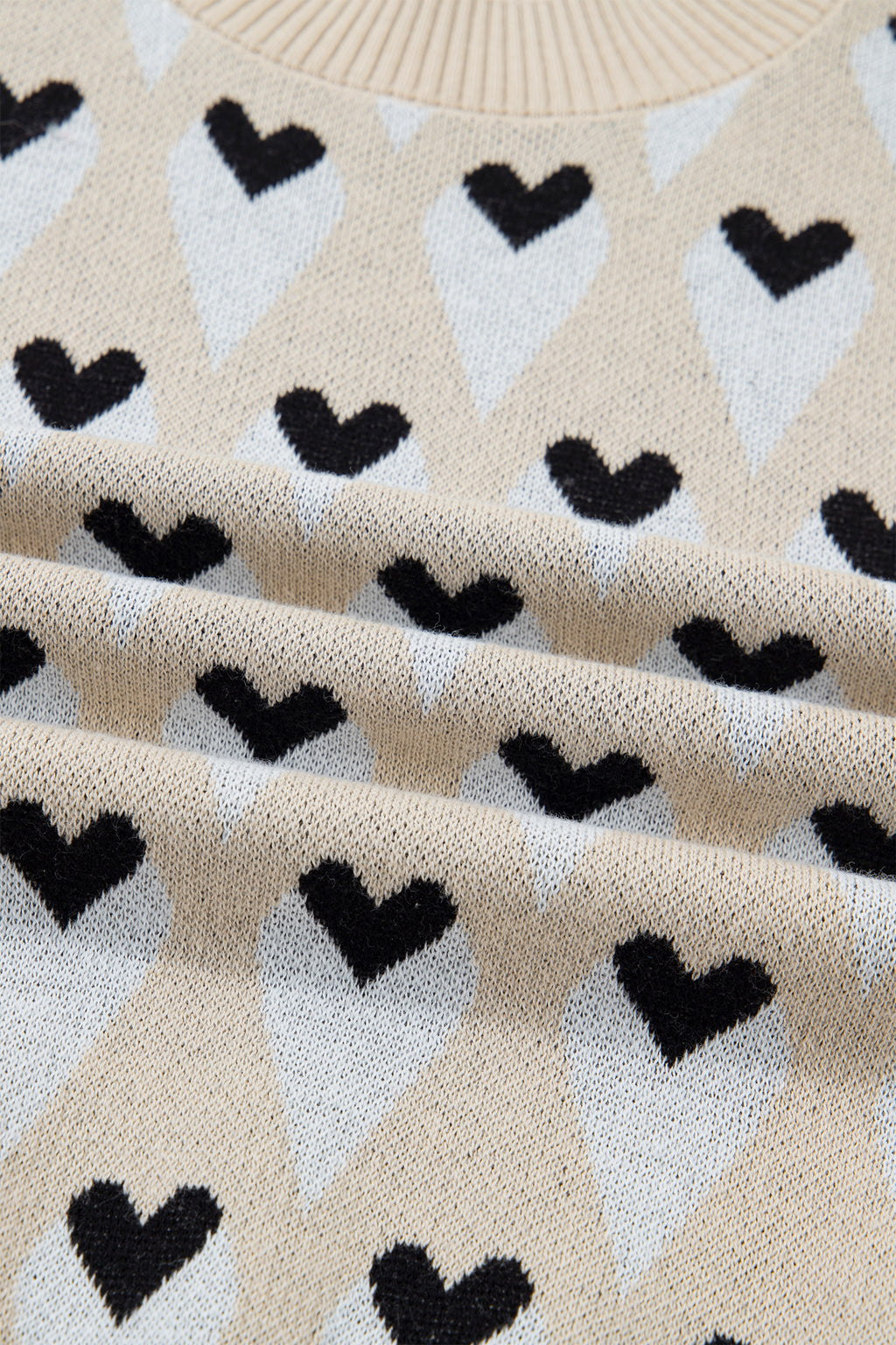 Parchment Geometric Heart Print Ribbed Trim Loose Sweater