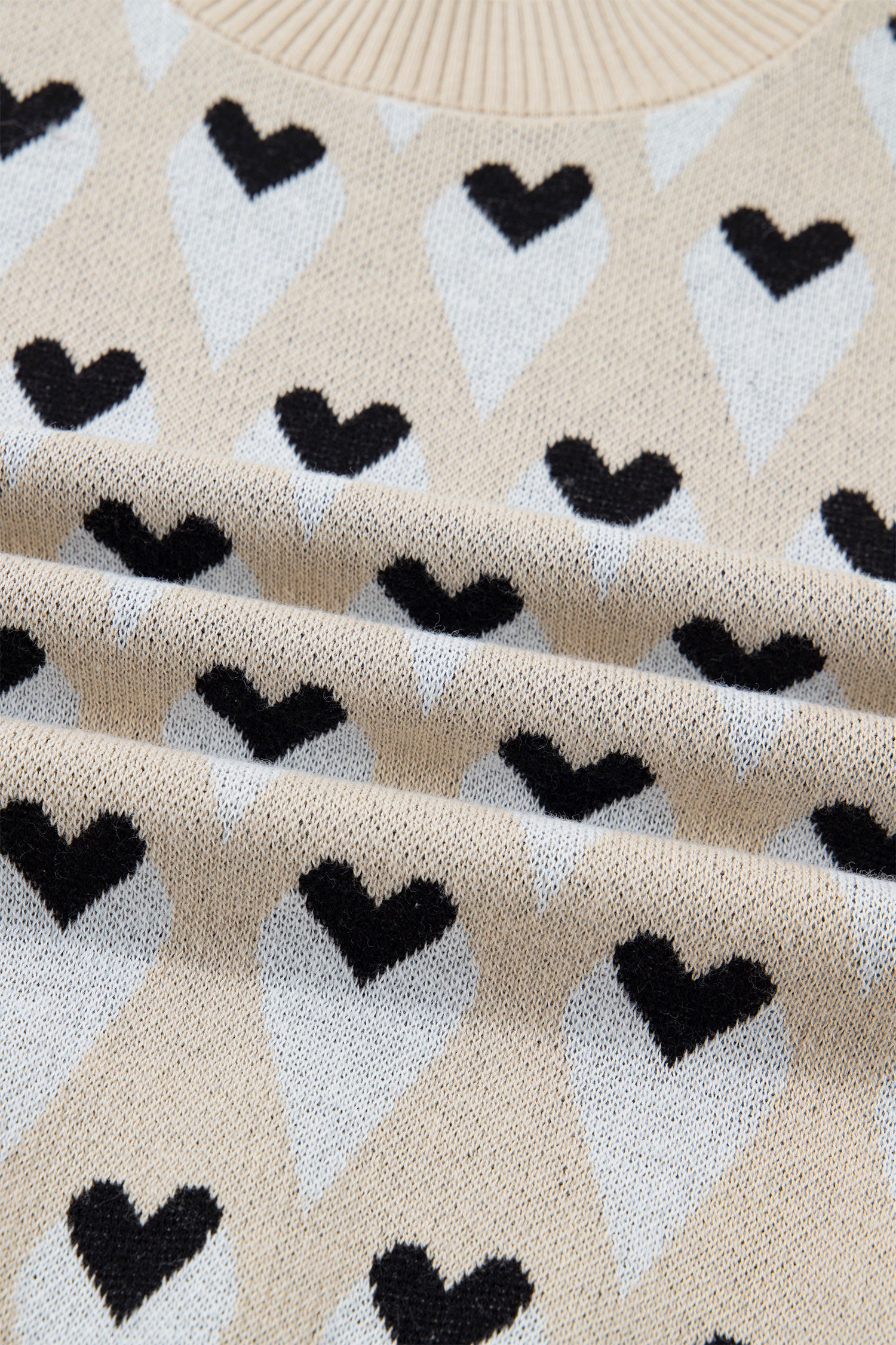 Parchment Geometric Heart Print Ribbed Trim Loose Sweater