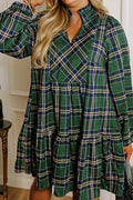 Green Plus Size Plaid Long Sleeve Notched Neck Shift Mini Dress