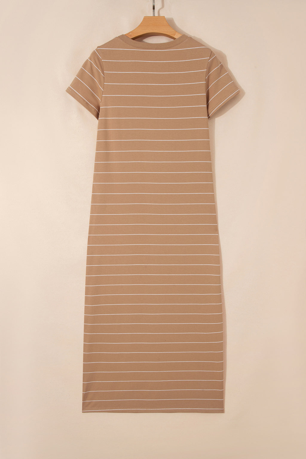 Khaki Stripe Casual Short Sleeve Side Slit Maxi T Shirt Dress