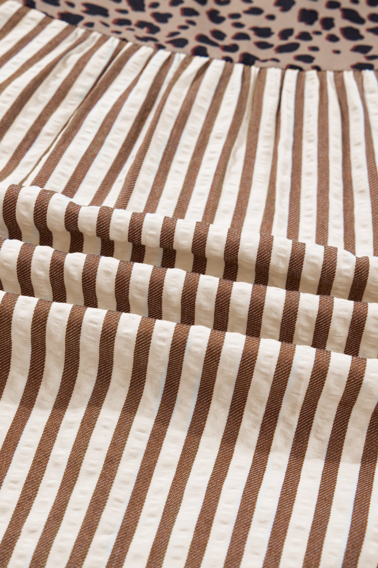 Brown Stripe Leopard Trim V Neck Button Down Half Sleeve Shirt