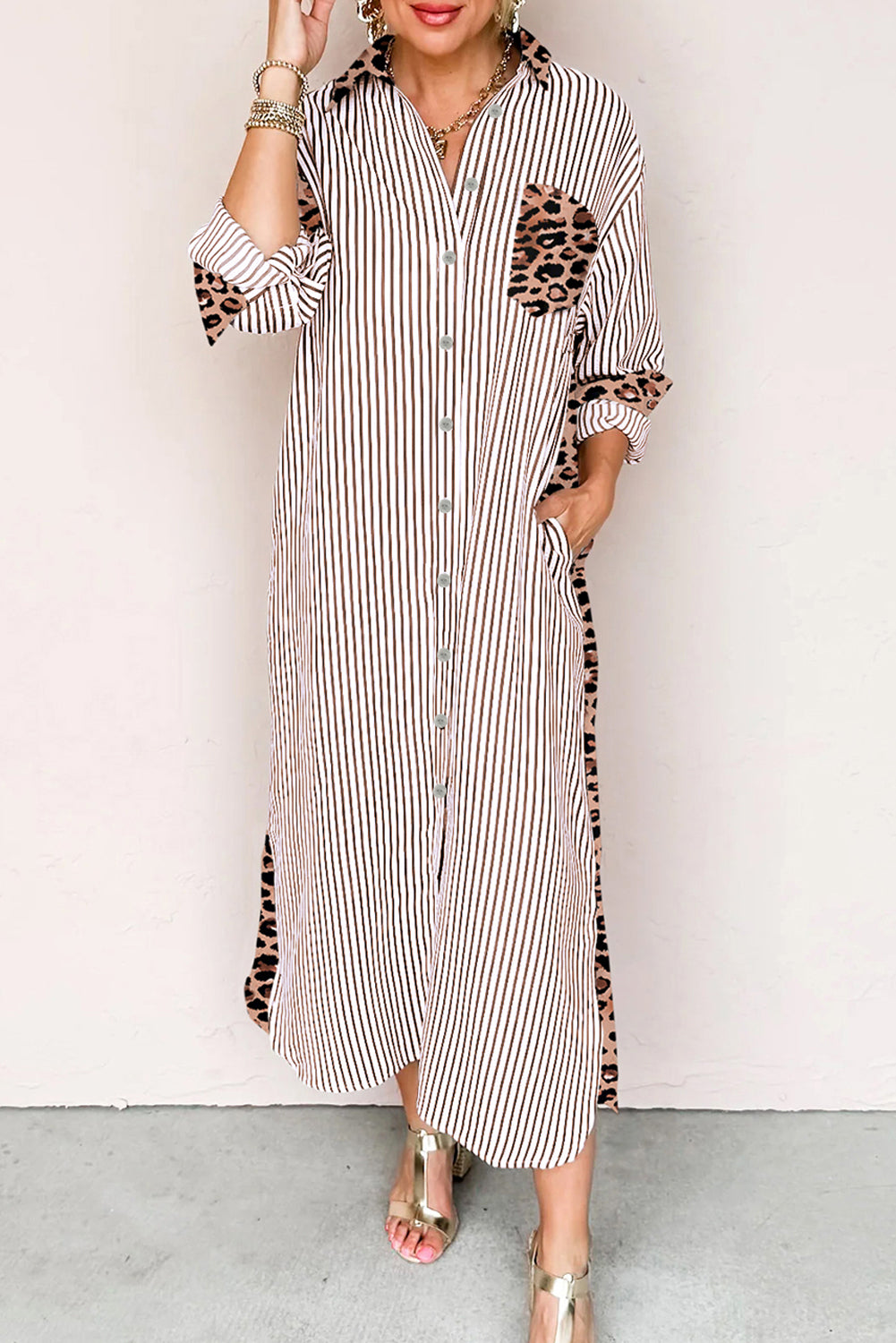 Brown Stripe Contrast Leopard Patchwork Long Shirt Dress with Slits