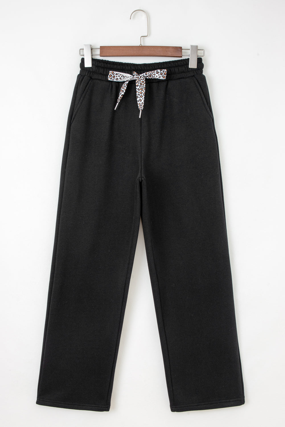 Black Fleece Lined Leopard Drawstring Elastic Waist Solid Pants